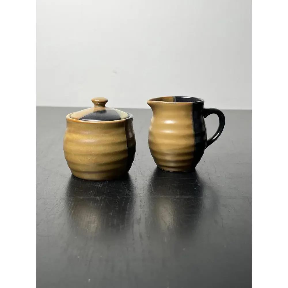 Sango China‎ Gold Dust Black Earthenware Cream & Sugar Pottery